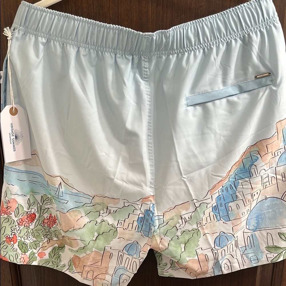 Blue and White Swim Trunks with Artistic Design - Picture 4 of 5